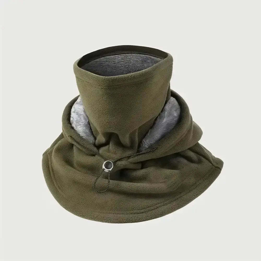 An olive green fleece neck warmer hood with a gray plush inner lining, shown on a light gray background.