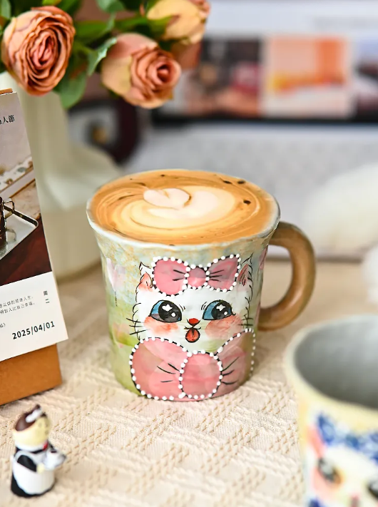 Handmade Cat Mug｜Jingdezhen Fully Handcrafted Ceramic Mug – Adorable Cat Design for Water, Milk, or Coffee · Green Cat · Flower-Rim Hand-Pinched Cup