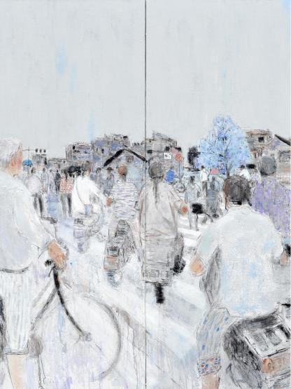 "Morning Commute" Oil on Canvas｜180cm × 180cm｜One-of-a-Kind Original Artwork