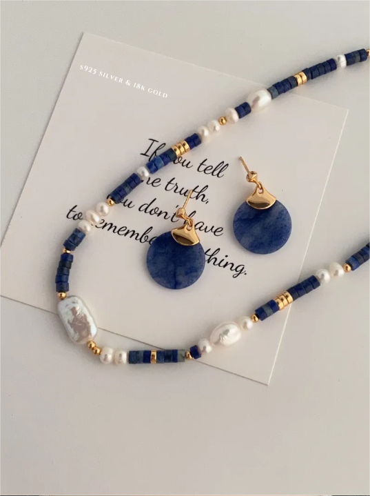 Lapis Lazuli Beaded Necklace · 38+6cm · Blue Aventurine Earrings (Each Pair Has Unique Patterns and Color Variations)