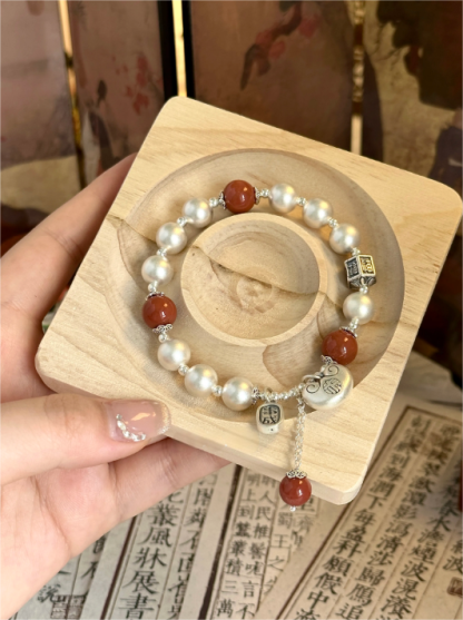 [Southern Red Agate & Silver Beads] 999 Fine Silver Bracelet – Traditional Craftsmanship, Antique Finish, Wrist Size 13–15cm, Approx. 15–16g