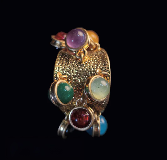 Gold-Plated Vintage-Style Colorful Multi-Gem Ring – Adjustable Open Design