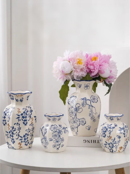 New Chinese-Style Hand-Painted Plum Blossom Blue and White Porcelain Vase – Ceramic Decoration for Living Room or Entryway, Ideal for Display or Hydroponic Peonies