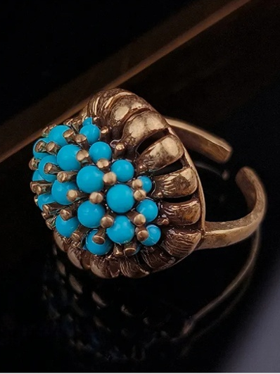 Vintage-Style Gold-Plated Brass Ring with Floral & Seed Bead Design