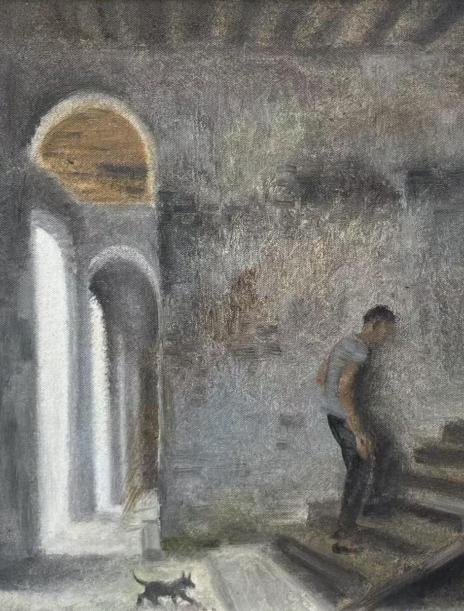 <an elderly person and dog>Original oil painting