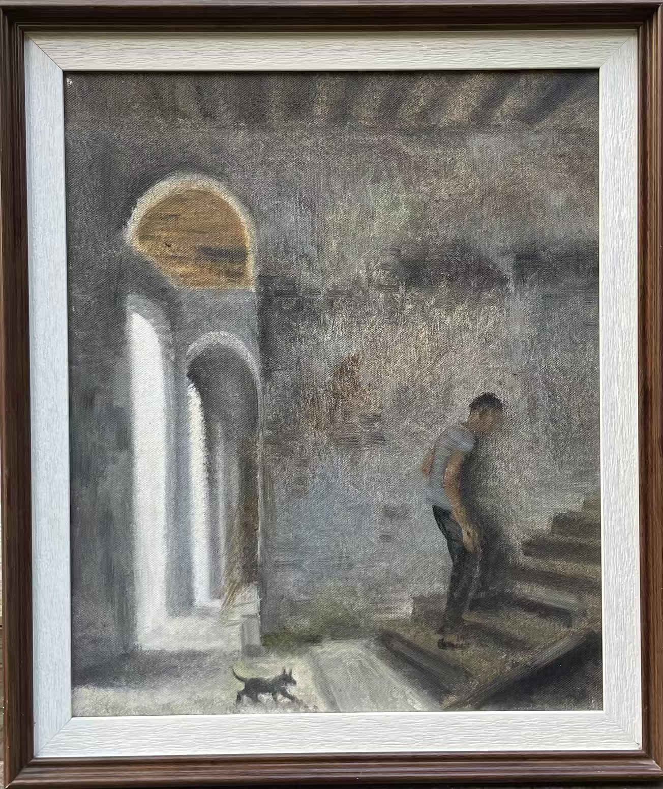 <an elderly person and dog>Original oil painting