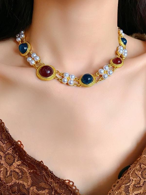 Vintage Geometric Imitation Pearl Double-Layer Choker Necklace – Court Style, Fashionable & Unique Statement Jewelry