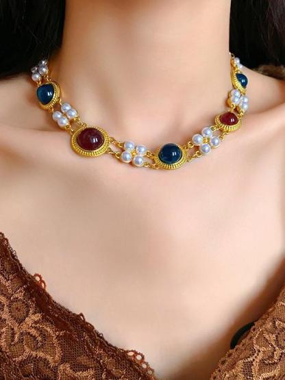 Vintage Geometric Imitation Pearl Double-Layer Choker Necklace – Court Style, Fashionable & Unique Statement Jewelry