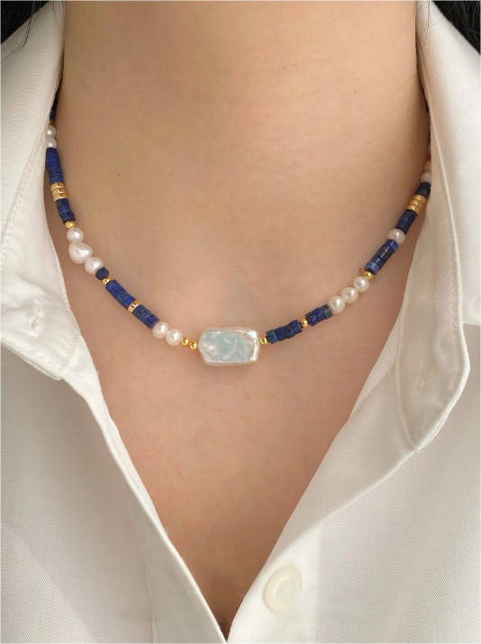 Lapis Lazuli Beaded Necklace · 38+6cm · Blue Aventurine Earrings (Each Pair Has Unique Patterns and Color Variations)