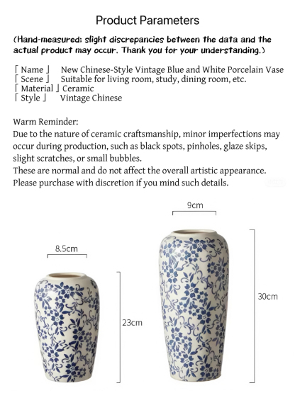 Jingdezhen Underglaze Hand-Painted Blue and White Porcelain Vase – New Chinese Style Ceramic Decoration with Peony, Snow Willow, and Wintergreen Motifs, Perfect for Living Room Display or Gifting