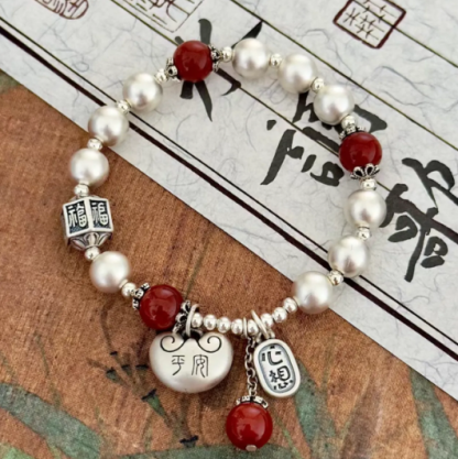 [Southern Red Agate & Silver Beads] 999 Fine Silver Bracelet – Traditional Craftsmanship, Antique Finish, Wrist Size 13–15cm, Approx. 15–16g