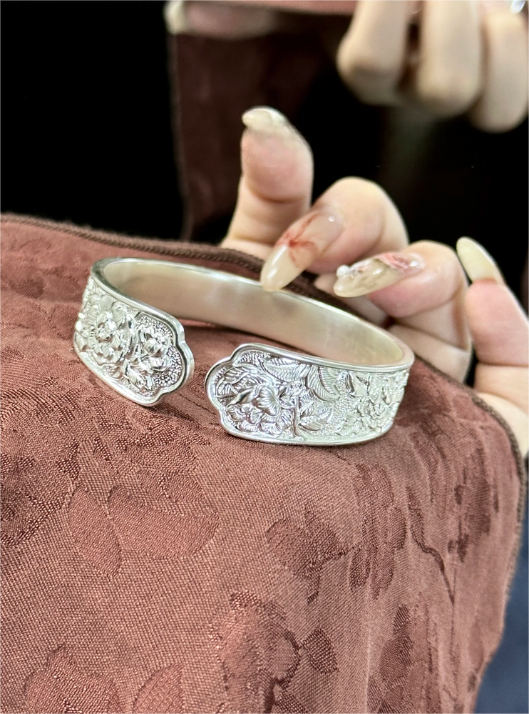 [Chang An Le] 999.9 Fine Silver Solid Heavyweight Bangle – Intricately Carved, Traditional Craftsmanship, Approx. 51g