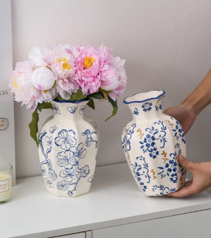 New Chinese-Style Hand-Painted Plum Blossom Blue and White Porcelain Vase – Ceramic Decoration for Living Room or Entryway, Ideal for Display or Hydroponic Peonies