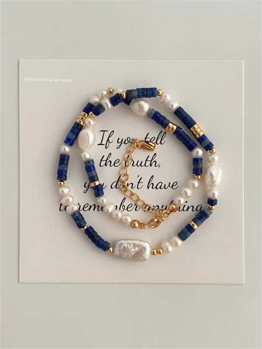 Lapis Lazuli Beaded Necklace · 38+6cm · Blue Aventurine Earrings (Each Pair Has Unique Patterns and Color Variations)