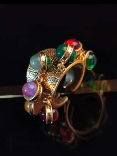 Gold-Plated Vintage-Style Colorful Multi-Gem Ring – Adjustable Open Design