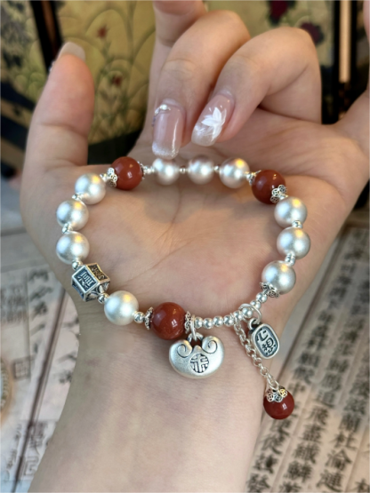 [Southern Red Agate & Silver Beads] 999 Fine Silver Bracelet – Traditional Craftsmanship, Antique Finish, Wrist Size 13–15cm, Approx. 15–16g