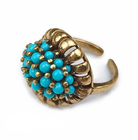 Vintage-Style Gold-Plated Brass Ring with Floral & Seed Bead Design