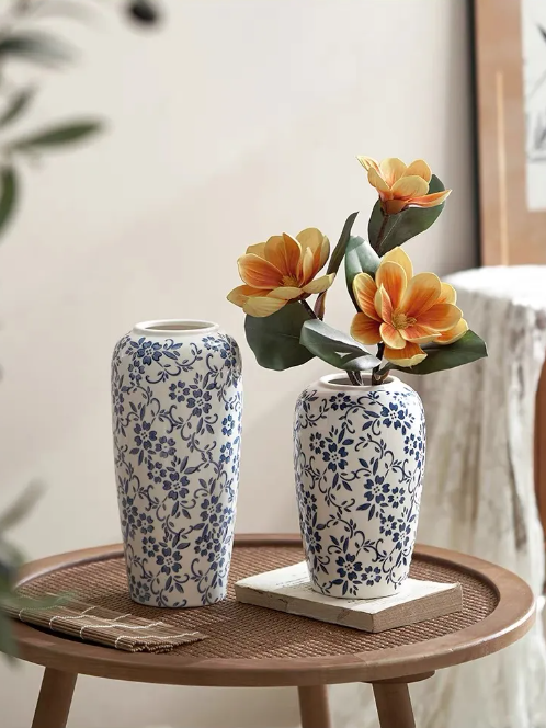 Jingdezhen Underglaze Hand-Painted Blue and White Porcelain Vase – New Chinese Style Ceramic Decoration with Peony, Snow Willow, and Wintergreen Motifs, Perfect for Living Room Display or Gifting