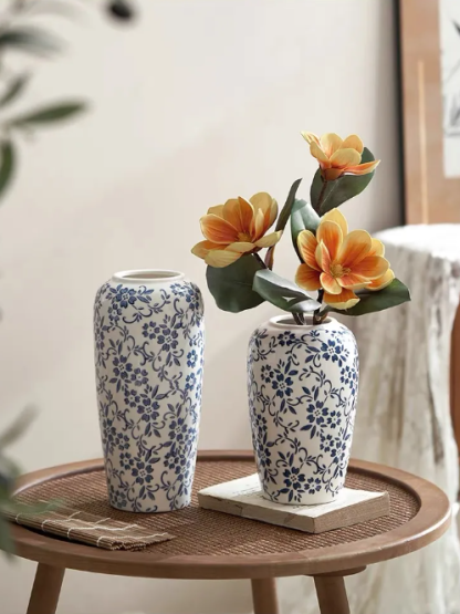 Jingdezhen Underglaze Hand-Painted Blue and White Porcelain Vase – New Chinese Style Ceramic Decoration with Peony, Snow Willow, and Wintergreen Motifs, Perfect for Living Room Display or Gifting
