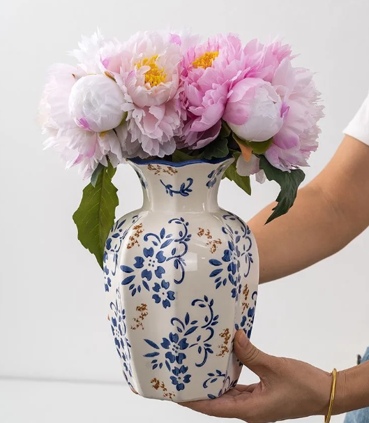 New Chinese-Style Hand-Painted Plum Blossom Blue and White Porcelain Vase – Ceramic Decoration for Living Room or Entryway, Ideal for Display or Hydroponic Peonies