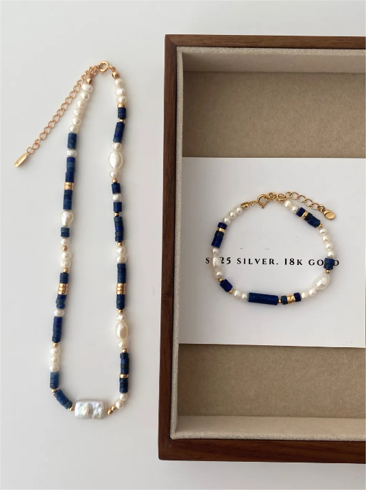 Lapis Lazuli Beaded Necklace · 38+6cm · Blue Aventurine Earrings (Each Pair Has Unique Patterns and Color Variations)