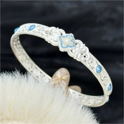 [Song Elegance] 999.9 Fine Silver Cloisonné Bangle – Intangible Cultural Heritage · Intricate Filigree Design · Niche & Artisan Craftsmanship · Closed Bangle, Approx. 20g · Size 54 (Approx. 18g)