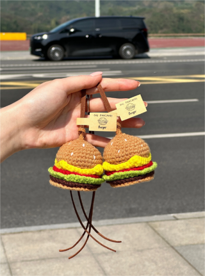 Original Lucky Burger Plush Charm – Handmade Knitted Decoration for Car Rearview Mirror, Bag, or Keychain · Burger Pendant (Includes Scented Pad)