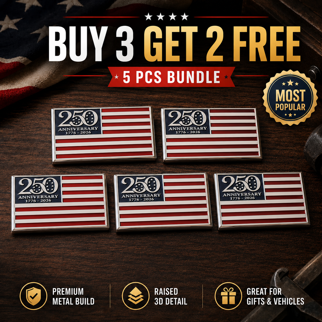 🇺🇸250th Anniversary American Flag Metal Emblem