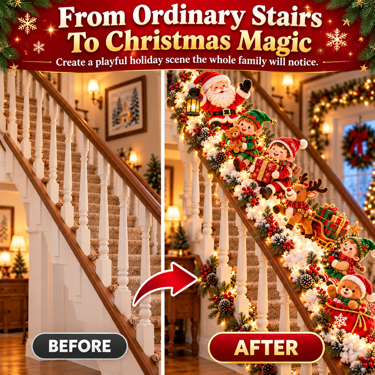 SAVE 70% BEFORE IT'S GONE🎅 Santa’s Staircase Workshop™ – Lighted 6-Piece Christmas Stair Railing Decor 🎄