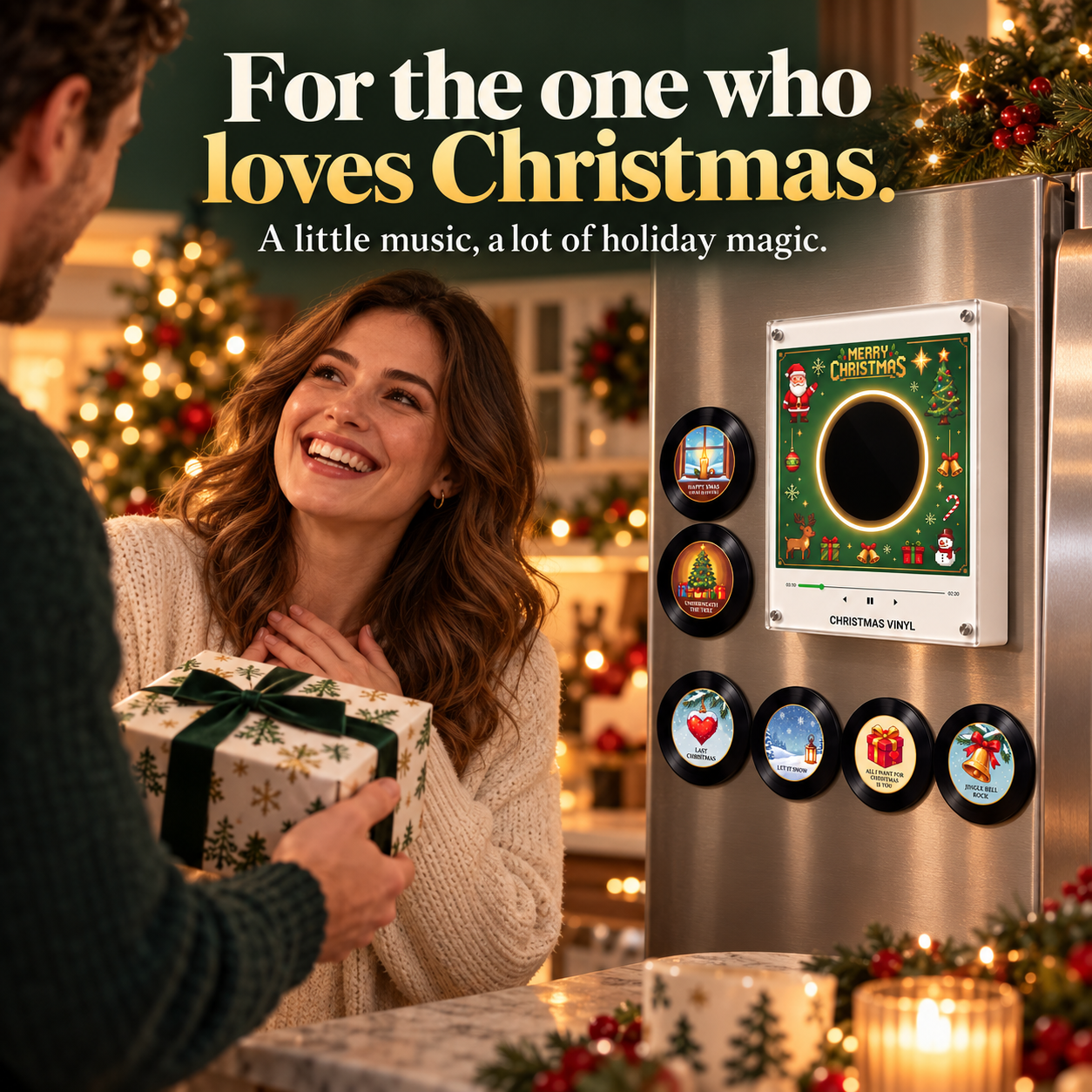 Christmas mini vinyl music player given as a holiday gift