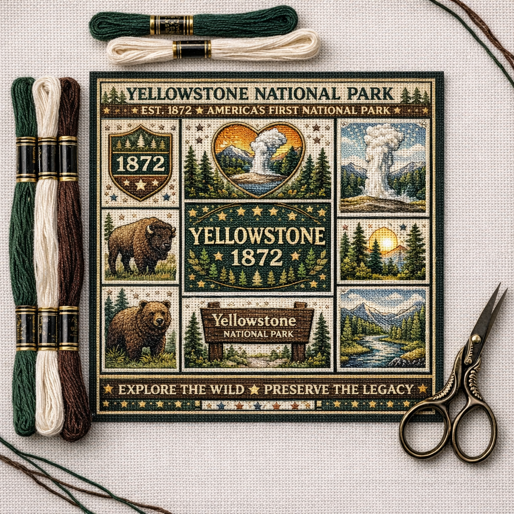 🌲 Yellowstone National Park Embroidery Kit – 1872 Heritage Edition