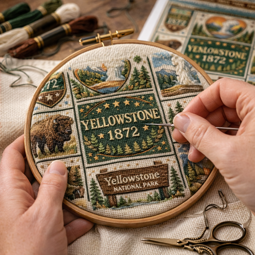 🌲 Yellowstone National Park Embroidery Kit – 1872 Heritage Edition