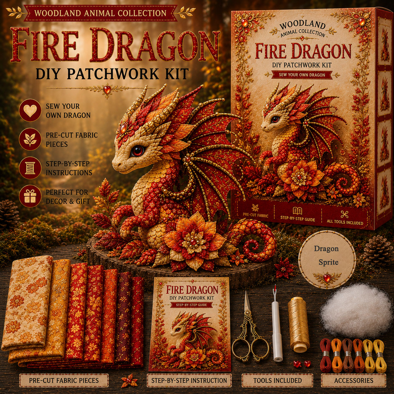 Dragon Sprite DIY Patchwork Sewing Kit – Fantasy Dragon Plush Craft Set with Pre-Cut Fabric & Accessories