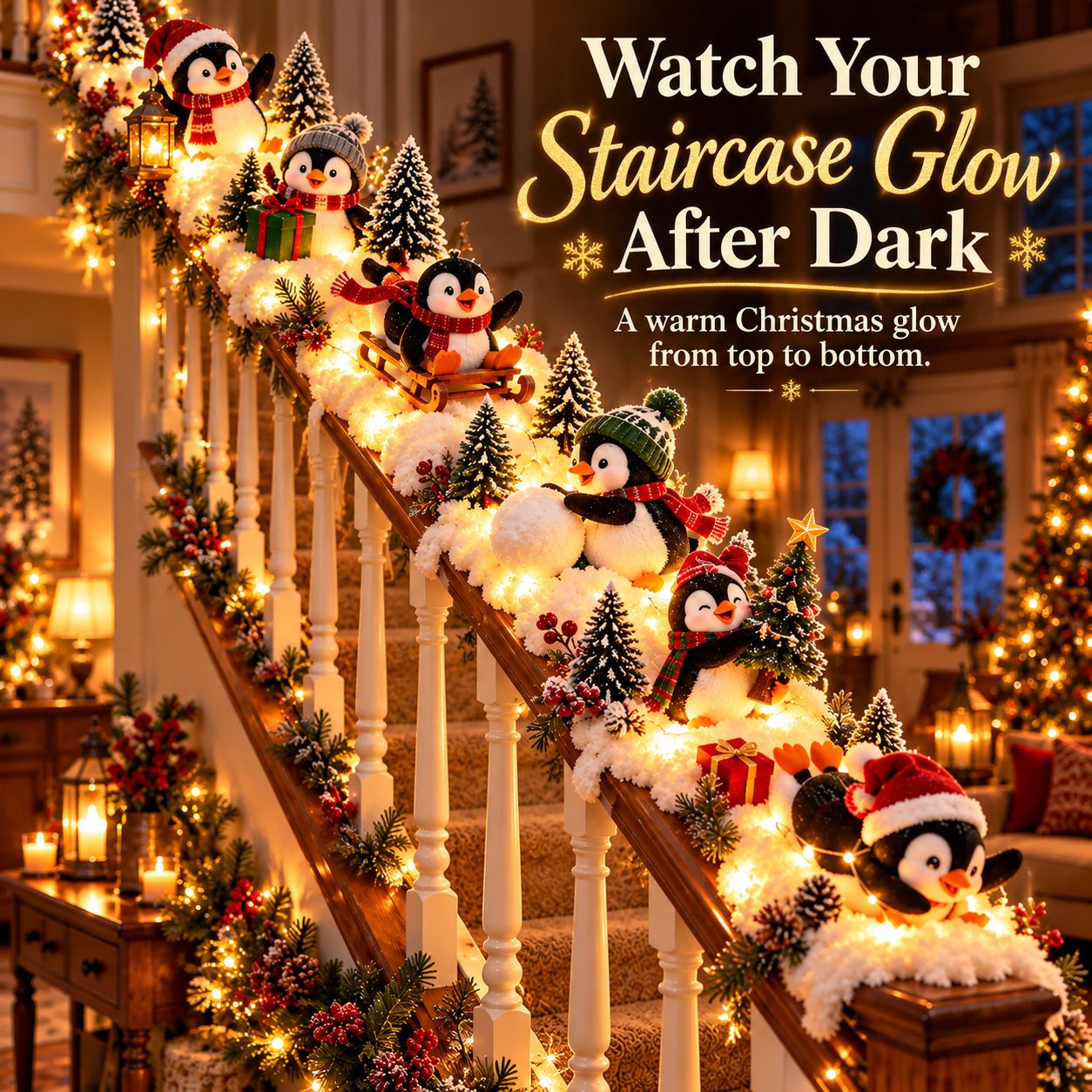 Christmas penguin staircase display styled with warm lights at night