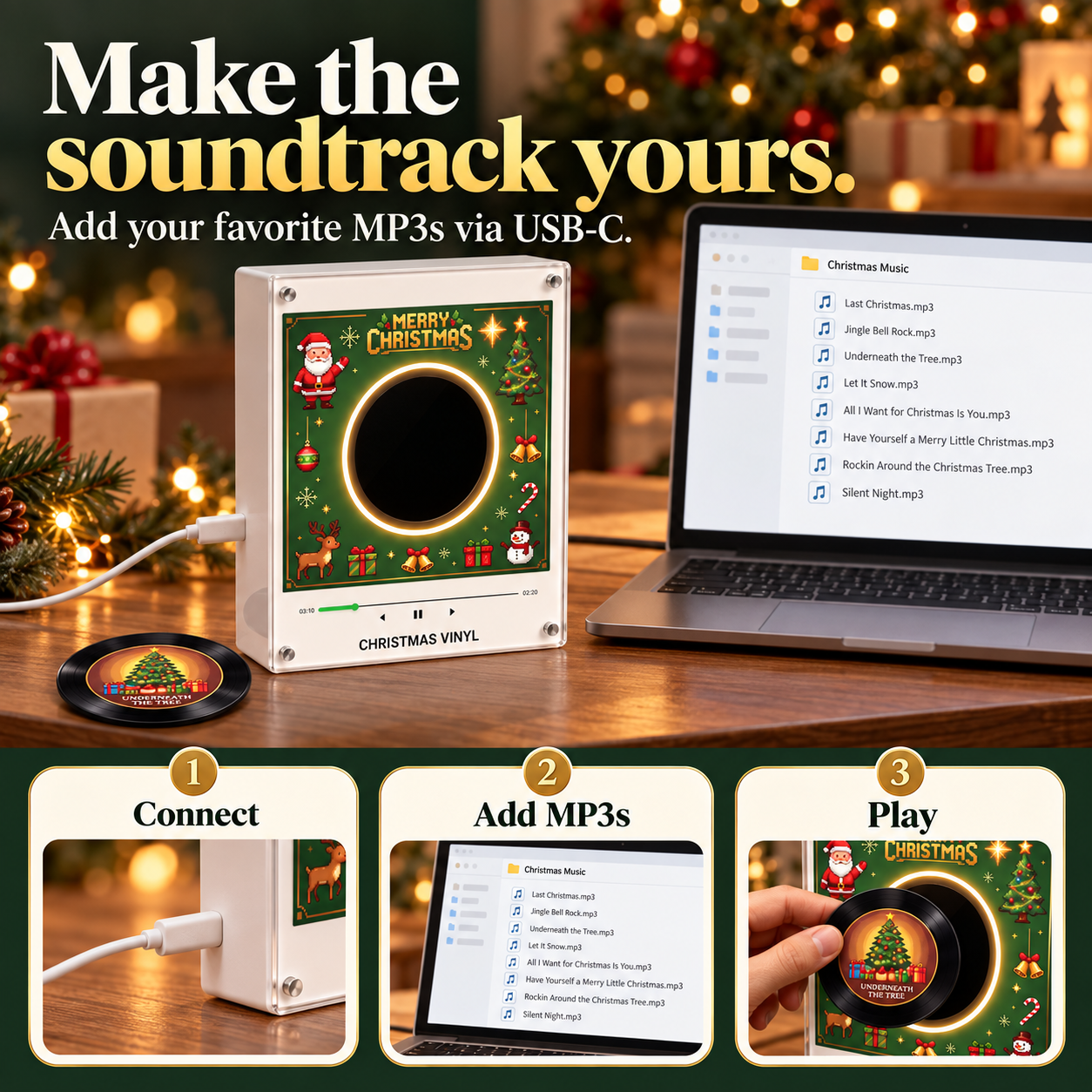 Connect the Christmas music frame to a laptop with USB-C to add MP3 songs