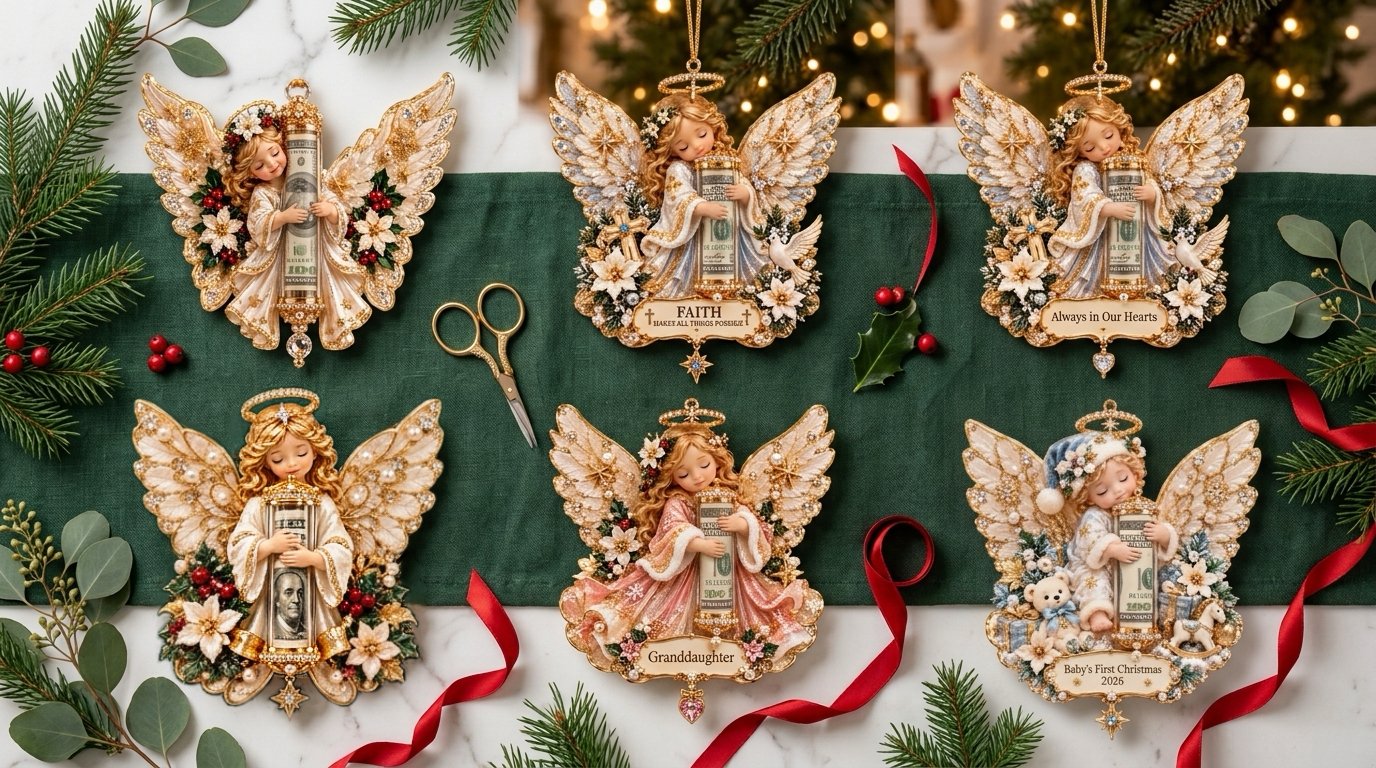 Collection of angel ornaments beside holiday packages