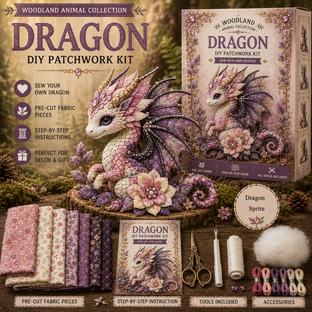 Dragon Sprite DIY Patchwork Sewing Kit – Fantasy Dragon Plush Craft Set with Pre-Cut Fabric & Accessories