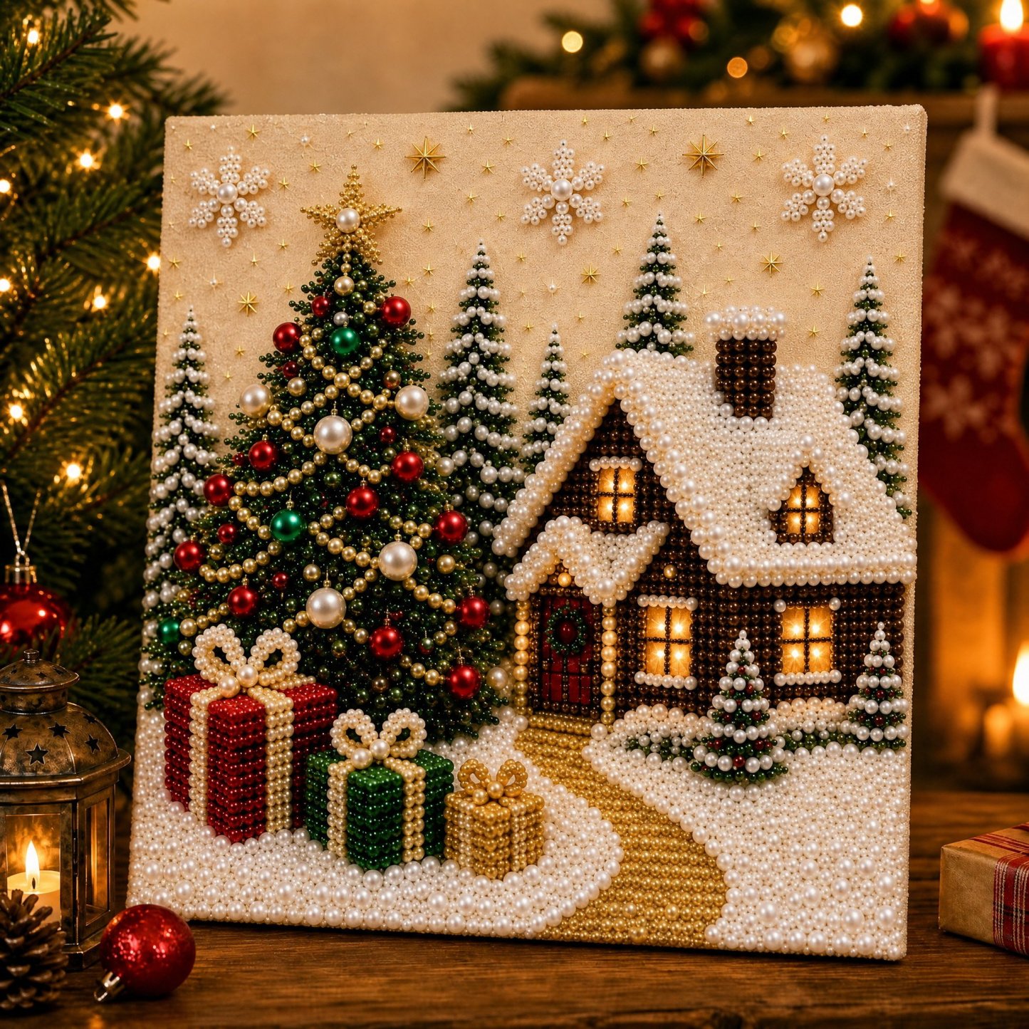 Last Day Promo: 70% OFF🎅 🎄 Premium 3D Pearl Christmas Wall Art Kit | Luxury Flocked Canvas with Scratch-Resistant Non-Fading Pearl Beads DIY Holiday Decor⛄️❄️