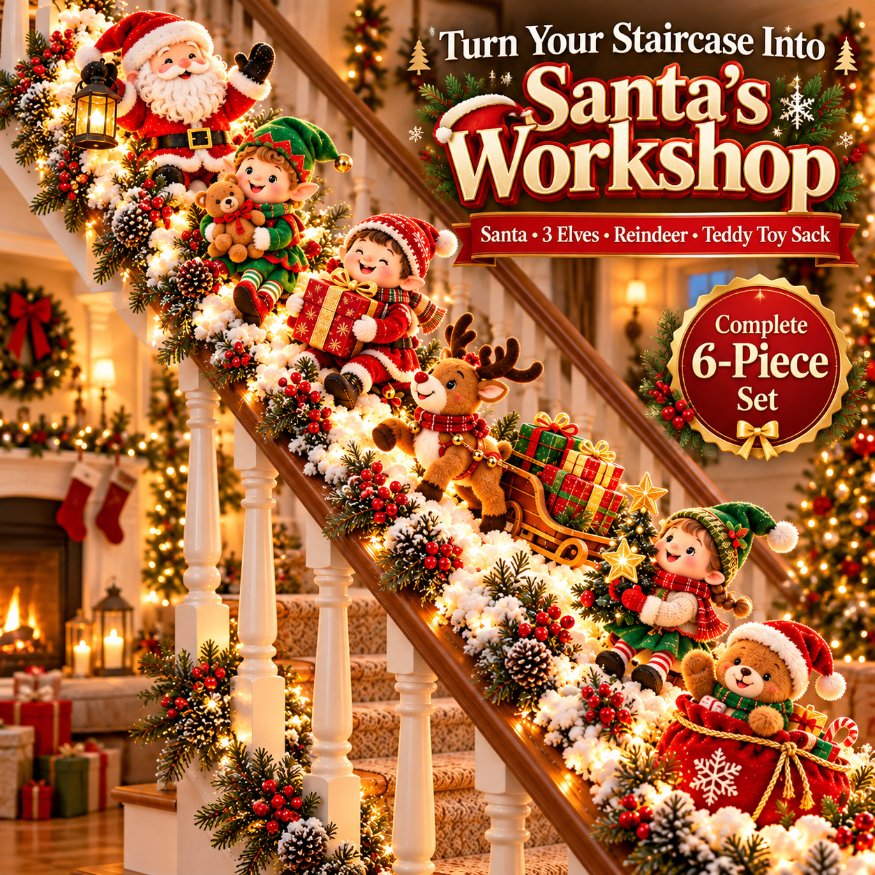 SAVE 70% BEFORE IT'S GONE🎅 Santa’s Staircase Workshop™ – Lighted 6-Piece Christmas Stair Railing Decor 🎄
