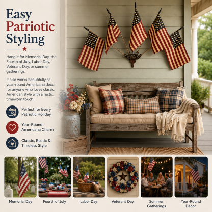 Five Tea-Stained Flags In A Rustic Cast Iron Wall Display