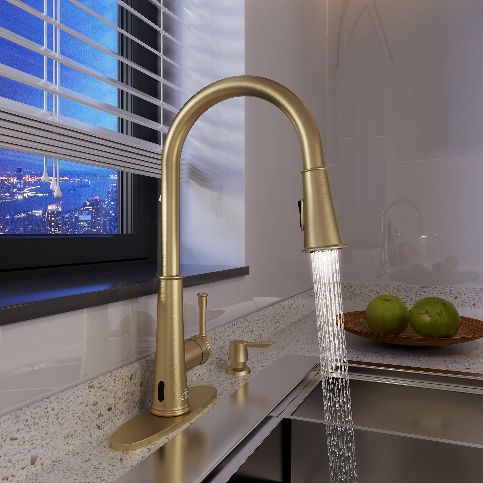 1.8gpm Touchless Pull Down Single Handle Kitchen Faucet With LED Function Soap Dispenser and Deck Plates Included Washing Dishes Infrared Induction Save Water