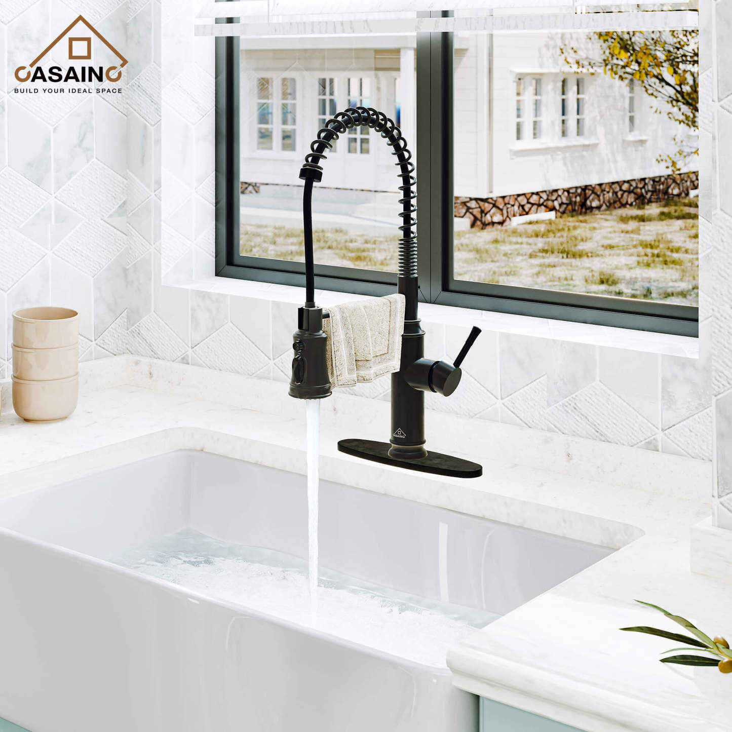 CASAINC pull down kitchen faucet with 1.8gpm spray head function switch in mattle black/brushed nickel-CASAINC