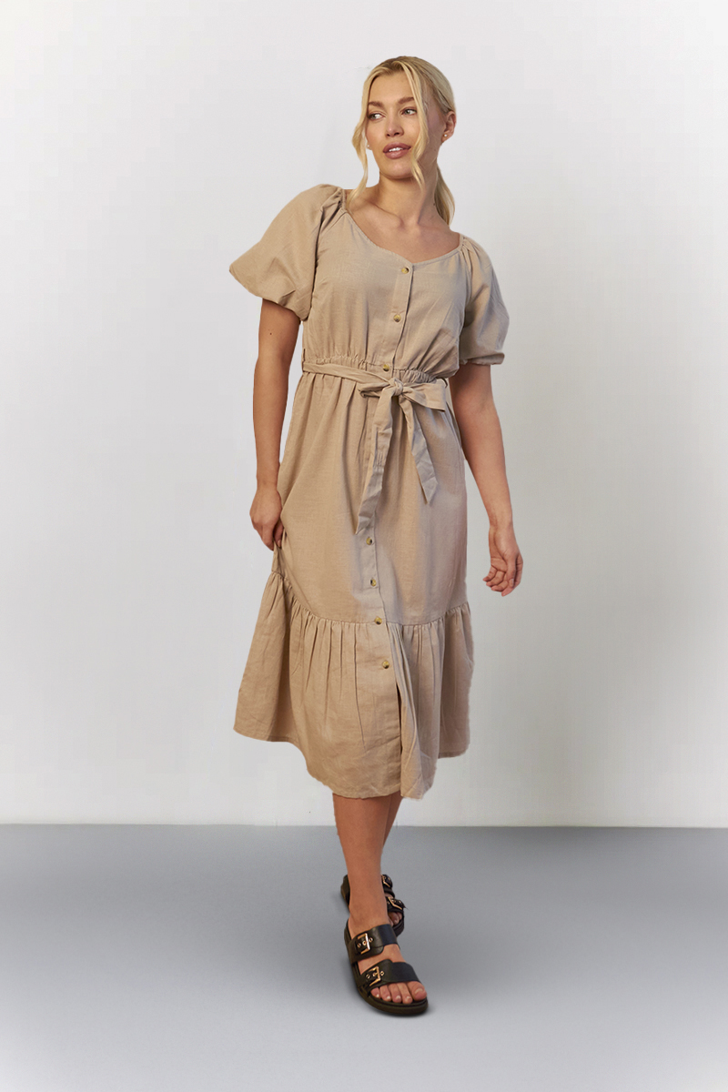 Stone Recycled Puff Sleeve Belted Midi Dress