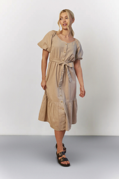 Stone Recycled Puff Sleeve Belted Midi Dress