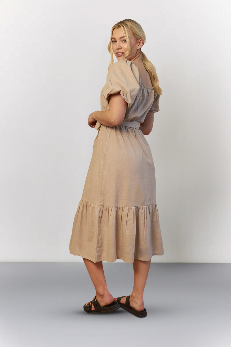 Stone Recycled Puff Sleeve Belted Midi Dress