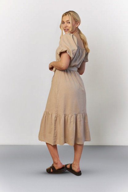 Stone Recycled Puff Sleeve Belted Midi Dress