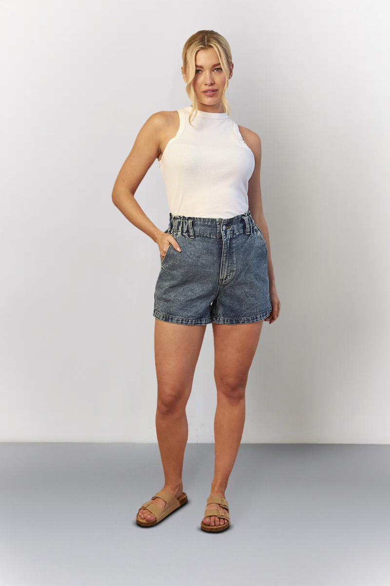 Mid Blue Denim Paper Bag Shorts