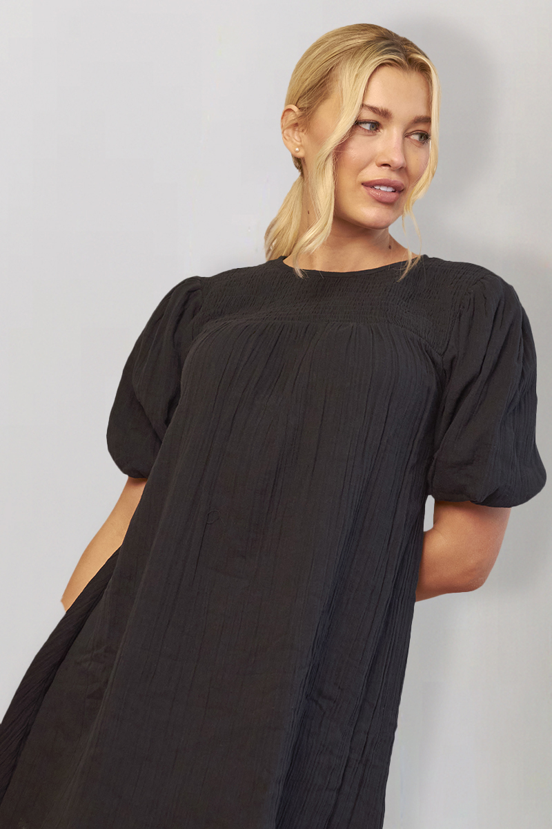 Black Recycled Textured Puff Sleeve Smock Mini Dress