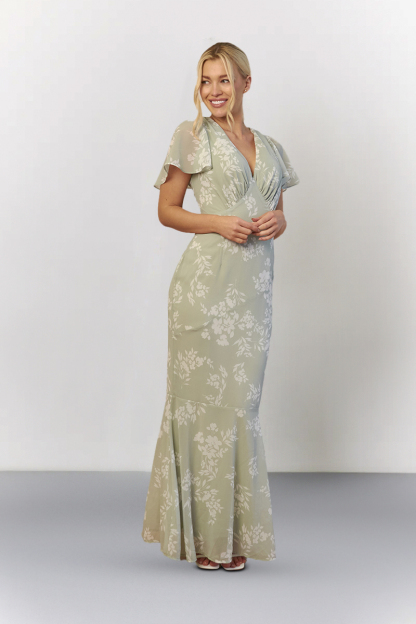 Sage Floral Print Chiffon Flutter Sleeve Maxi Dress