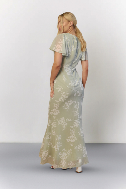Sage Floral Print Chiffon Flutter Sleeve Maxi Dress